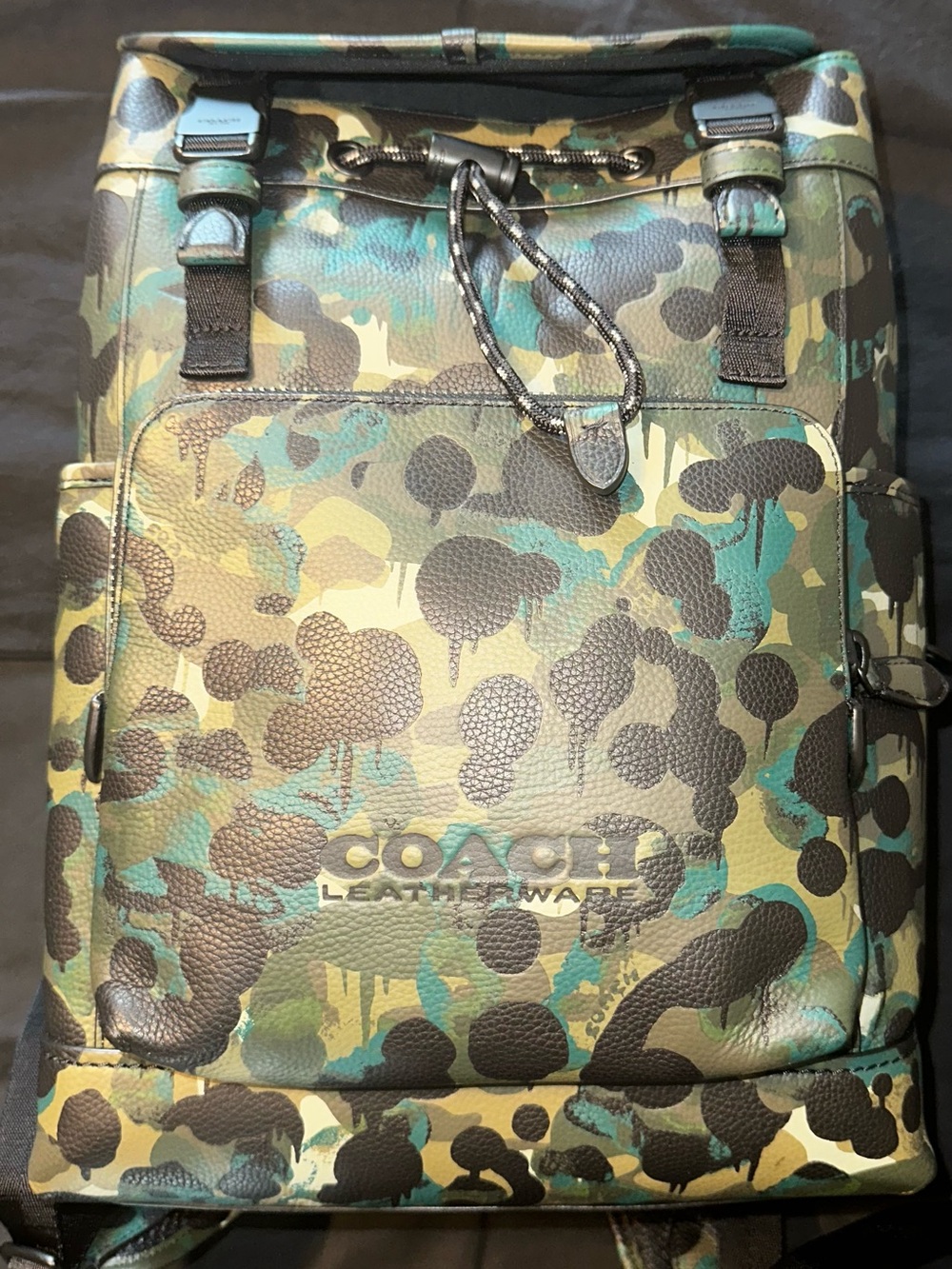 COACH League Green Camo Leather Backpack with Black Accents - Picture 3 of 8